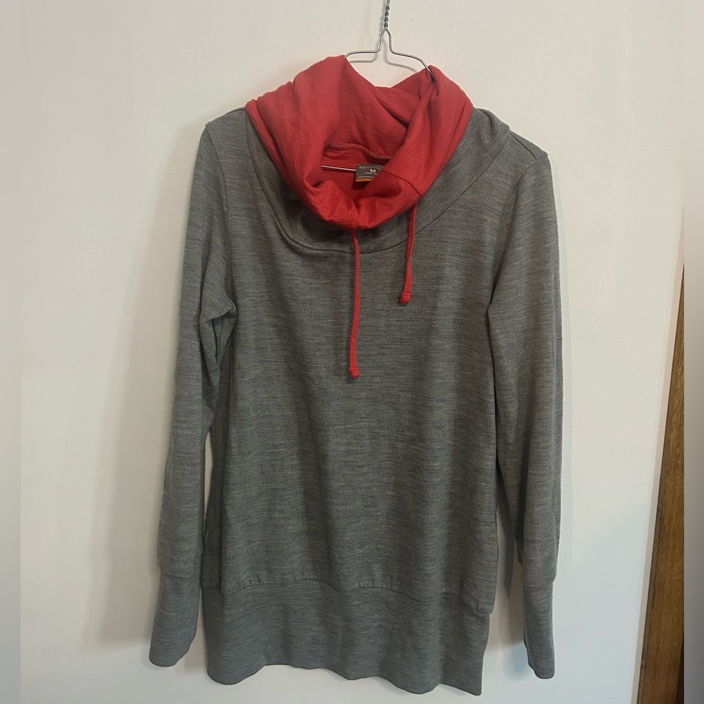 Merino Wool Icebreaker Gray and Pink Turtleneck Cowl Neck Sweater Hiker